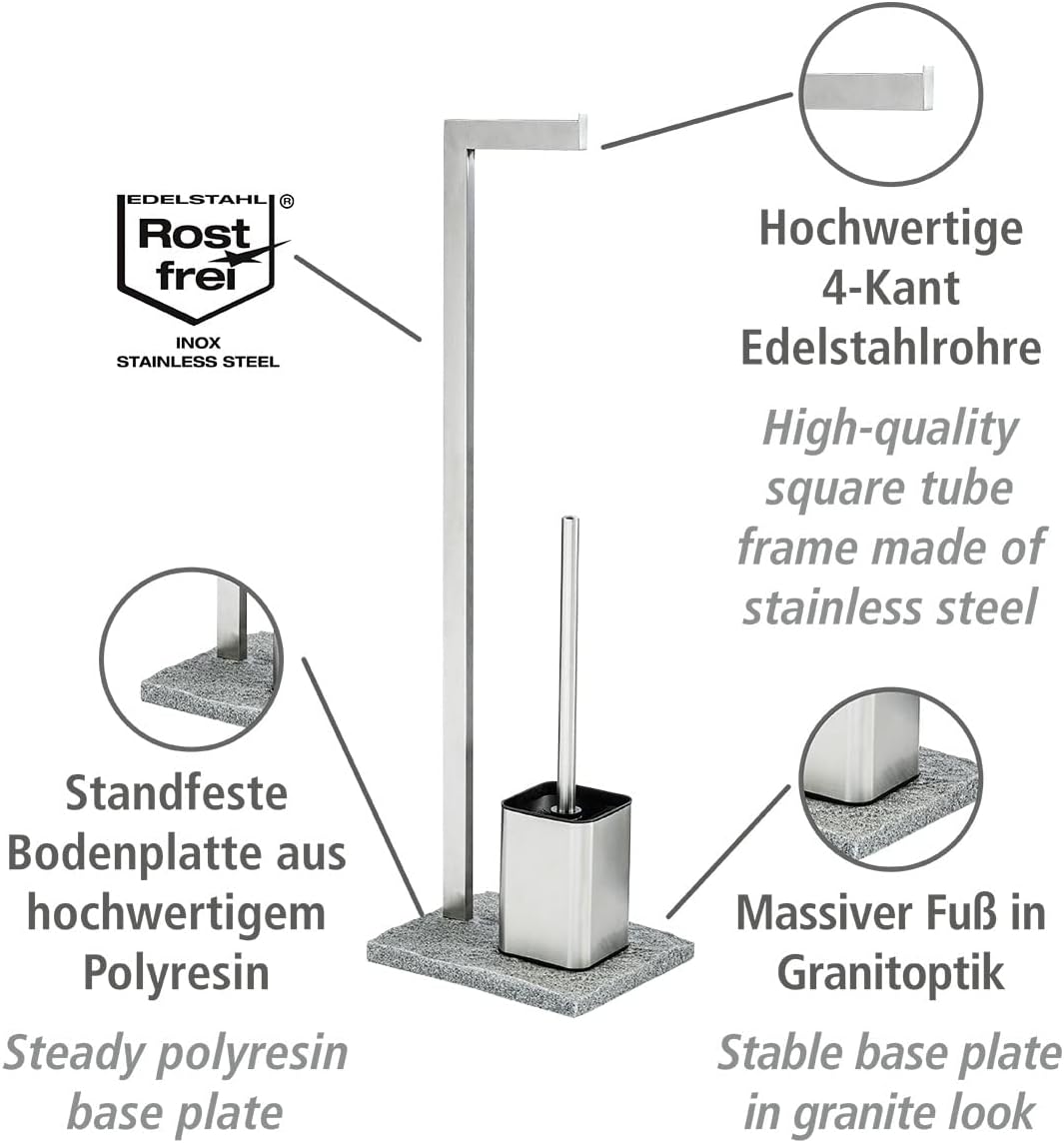 WENKO Stand WC-Garnitur Granit, Ständer für Toilettenpapier &amp; Toilettenbürste, WC-Papierhalter in St