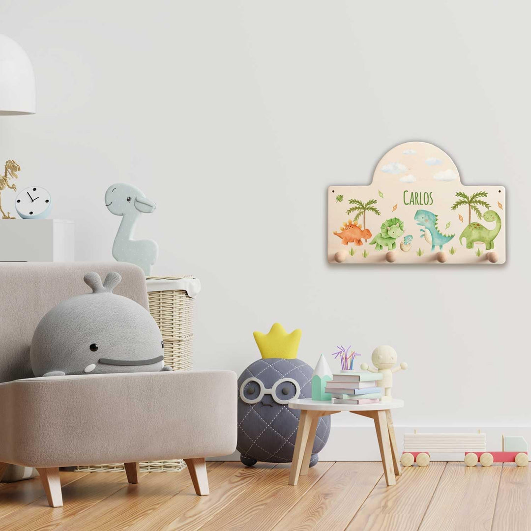 GRAVURZEILE Personalisierte Kindergarderobe - Dino - Personalisiert mit Name - Garderobe aus Holz mi