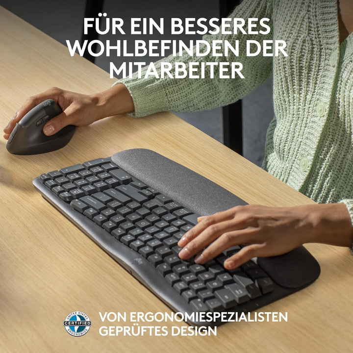 Logitech Wave Keys for Business, kabellose ergonomische Tastatur mit gepolsterter Handballenauflage,