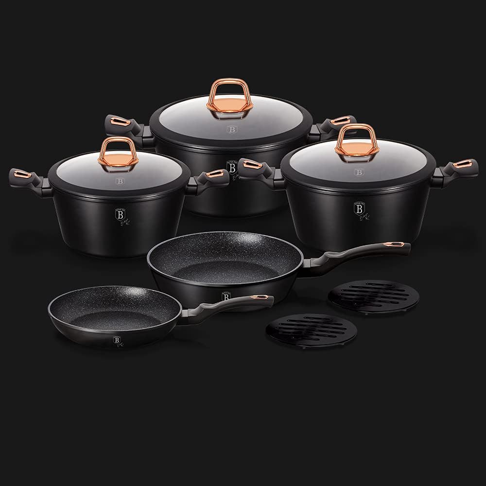 Topfset, Schwarz, Rosa, Marmor-Beschichtung, Aluminium, Turbo-Induktion, 10-teilig