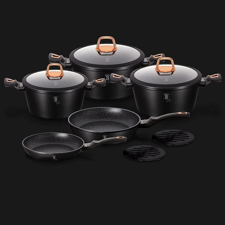 Topfset, Schwarz, Rosa, Marmor-Beschichtung, Aluminium, Turbo-Induktion, 10-teilig