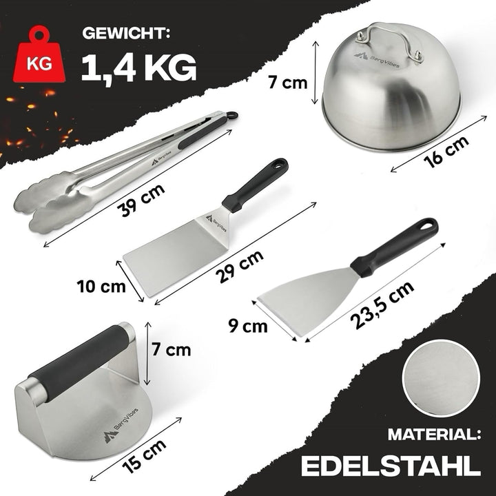 Smash Burger Set 6 TLG. aus Edelstahl für Plancha, 2 Burgerglocken, Burgerpresse, Smasher, Pattywend