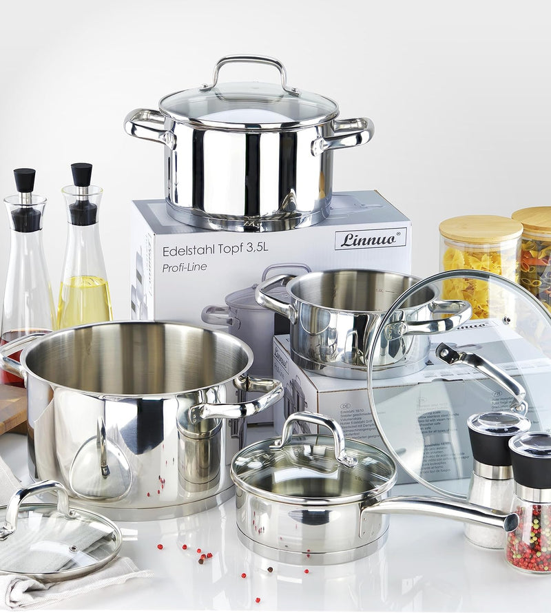 Linnuo Topf Induktion 24cm mit Glasdeckel, Kochtopf gross 6l, aus 18/10 Edelstahl, Griff nicht heiss