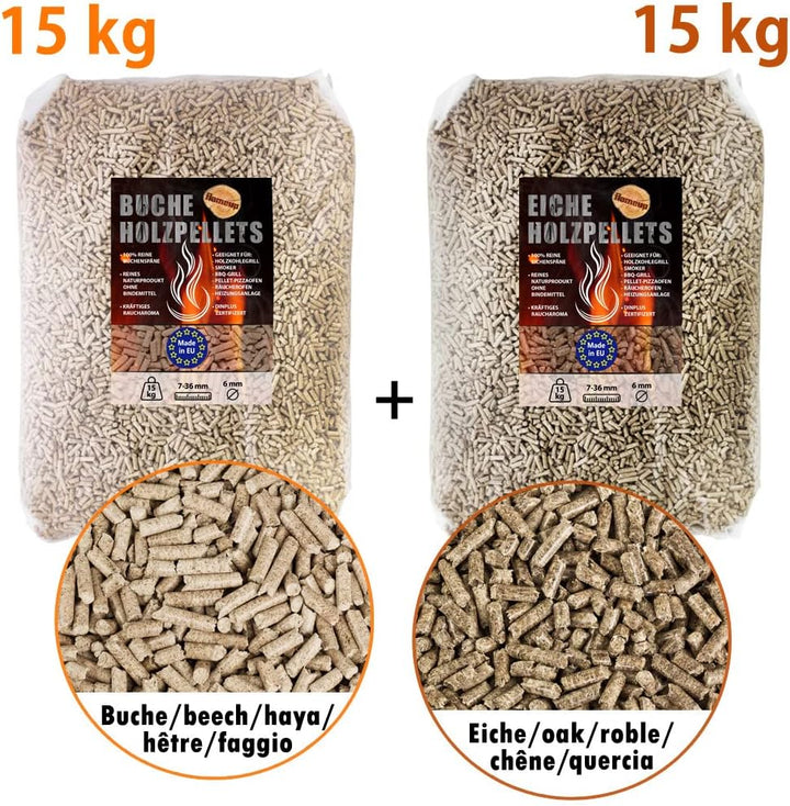 15 kg Eiche Pellets + 15 kg Buche Pellets Grill Smoker Holz Pizzaofen BBQ Pellet Outdoor Ofen Grille