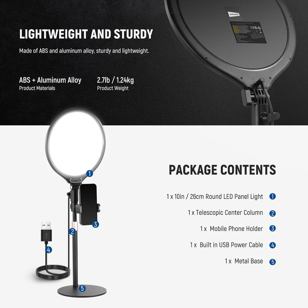 NEEWER Basics 10,5" Desk Ring Light w Stand/Phone Holder/Timer, Full Screen 15W Dimmable LED Selfie
