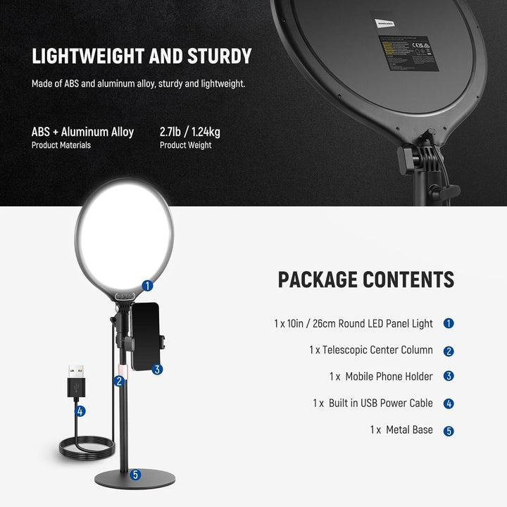 NEEWER Basics 10,5" Desk Ring Light w Stand/Phone Holder/Timer, Full Screen 15W Dimmable LED Selfie