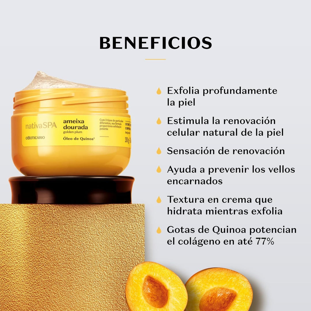 O Boticário Nativa SPA Körperpeeling Goldene Pflaume, Tiefenpeeling, feuchtigkeitsspendend, beugt ei