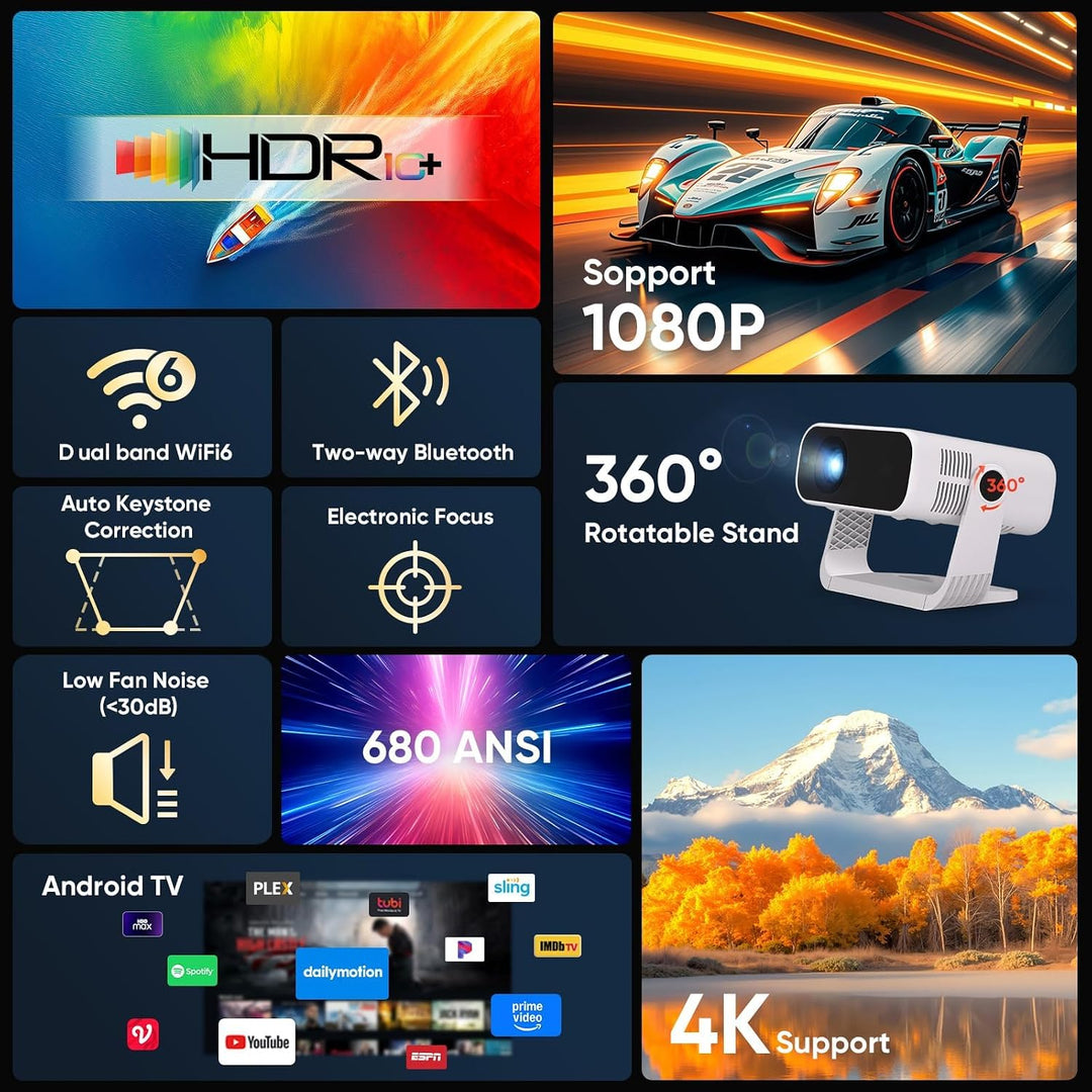 Wielio 2026 New Smart Projector Eingebaute Apps, Native 1080P 4K unterstützt, WiFi 6 &amp; Bluetooth 5.2