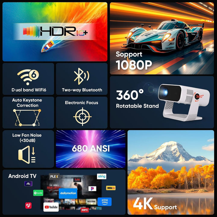 Wielio 2026 New Smart Projector Eingebaute Apps, Native 1080P 4K unterstützt, WiFi 6 &amp; Bluetooth 5.2