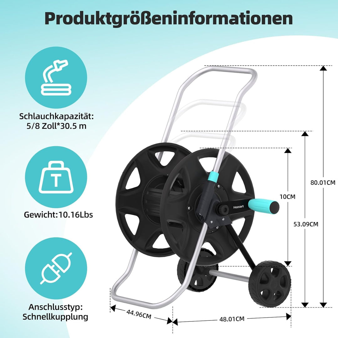 Schlauchwagen, Metall Schwerlastschlauchwagen mit Rädern, tragbarer Schlauchwagen für 30–60 m Schlau