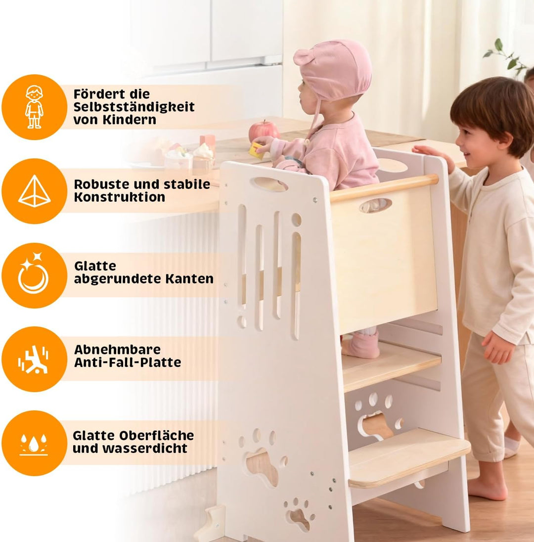 Kleinkind Tritthocker Kinderhocker, Höhenverstellbar (Weiss) | Sicher & Stabiler Toddler Tower & Ler