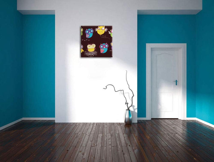Verrückte Eulen für Kinder, Format: 70x70 auf Leinwand, XXL riesige Bilder fertig gerahmt mit Keilra