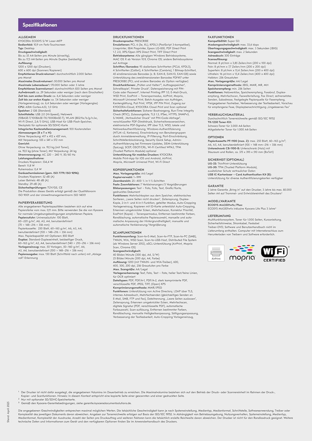 Kyocera Ecosys MA3501wfx/Plus Laserdrucker Multifunktionsgerät mit WLAN. 35 Seiten/Minute. WLAN Lase