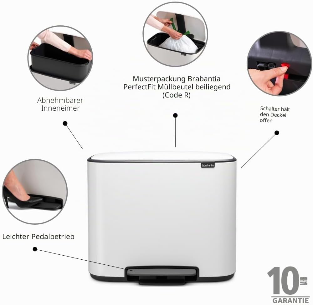 Brabantia Bo Treteimer 36 L Abfalleimer, Metall, Weiss, 54 x 36.5 x 44 cm, 1 Einheiten 1 Inneneimer