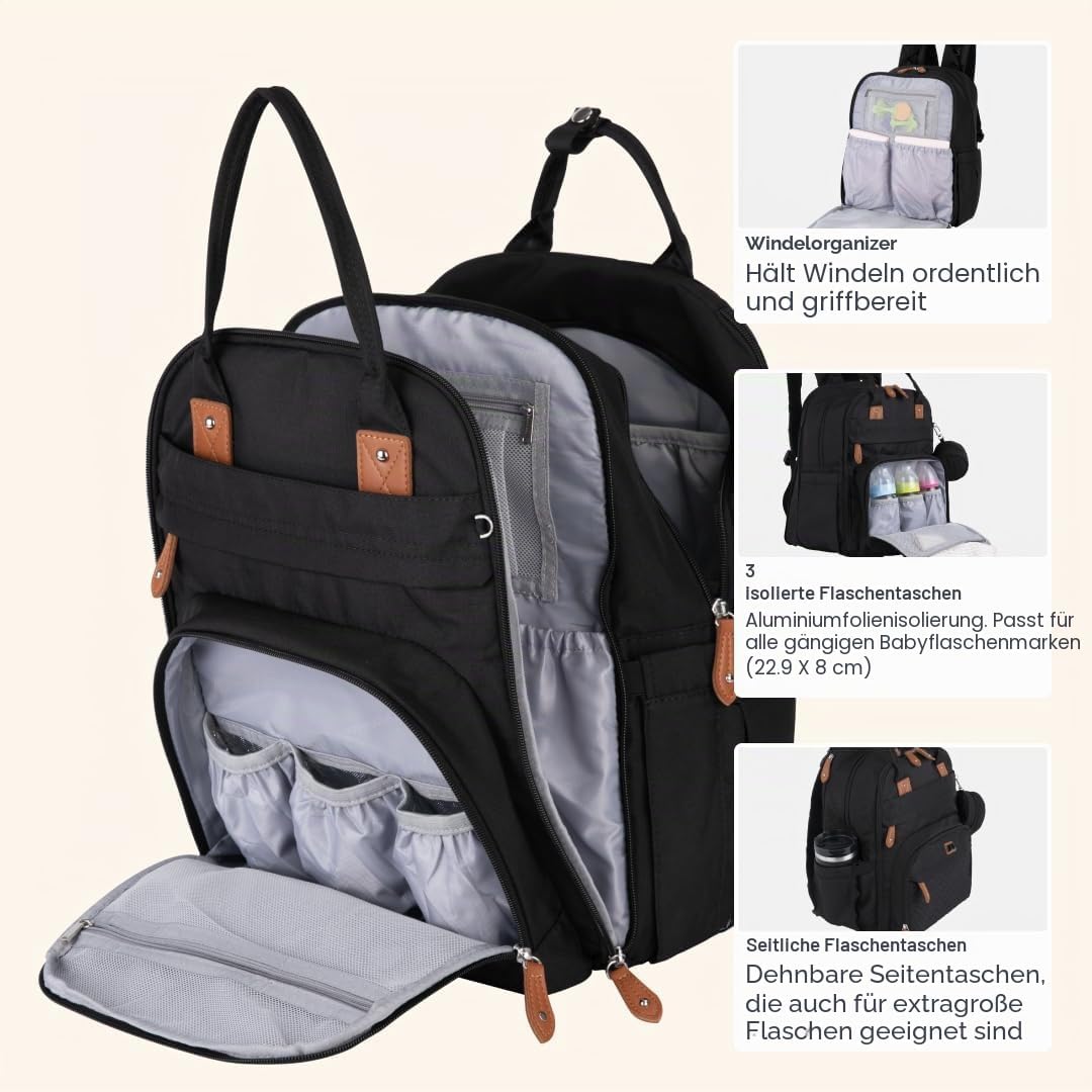 BabbleRoo Wickeltasche Rucksack – Grosse Kapazität, 17 Taschen, Wasserabweisend – mit Wickelauflage,