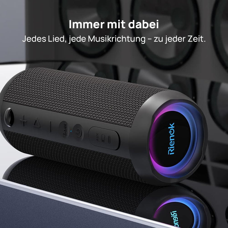 RIENOK Bluetooth Lautsprecher mit Licht Bluetooth 5.3 Musikbox Bass Kabellos Box mit IPX7 wasserdich