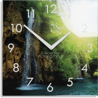 FLEXISTYLE Wanduhr küche Wohnzimmer 30 x 30 cm, aus Glas, mit Direktdruck eckig modern (Wasserfall),