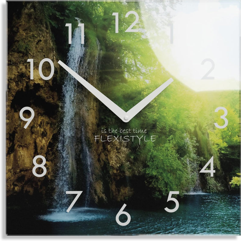 FLEXISTYLE Wanduhr küche Wohnzimmer 30 x 30 cm, aus Glas, mit Direktdruck eckig modern (Wasserfall),
