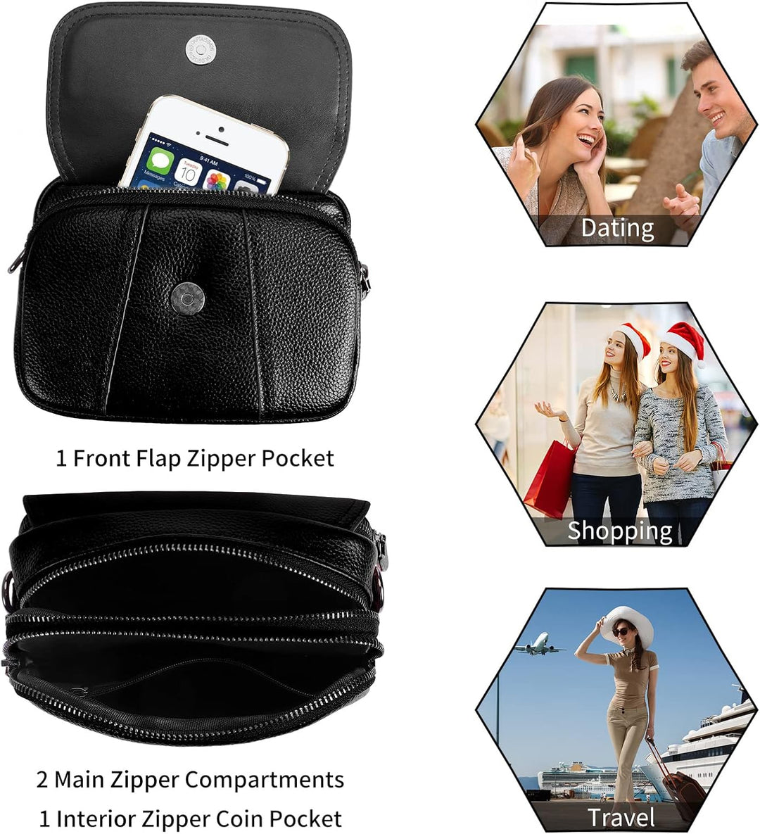 HAWEE Damen Handy Umhängetasche Echtes Leder Crossbody Schultertasche mit 3 Reissverschlüsse Kleine