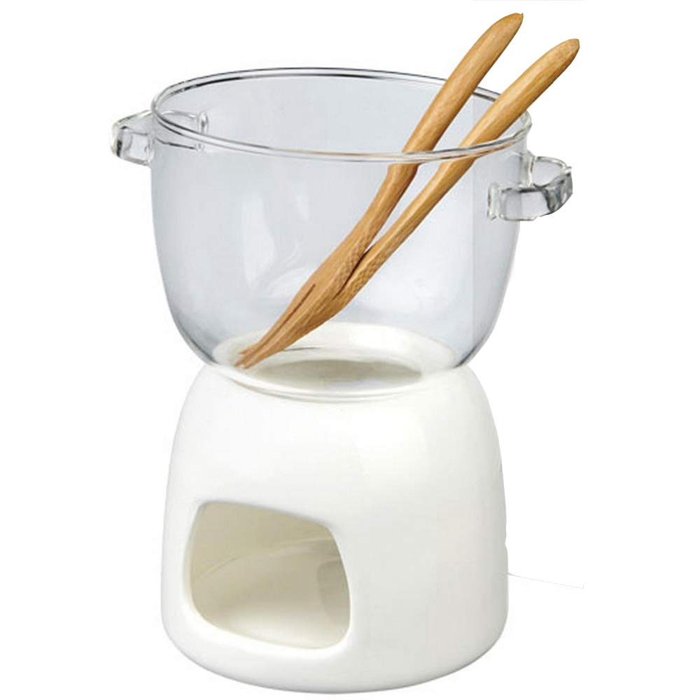 TAMUME 350 ml Glas Schokoladenfondue-Set, Packung mit Glasfonduetopf und Porzellanwärmer mit Fondueg