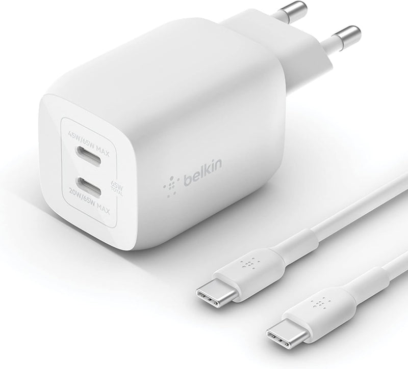 Belkin 65-W-USB-C-Ladegerät mit 2 Ports und USB-C/C-Kabel, Schnellladen mit Power Delivery3.0 und Ga