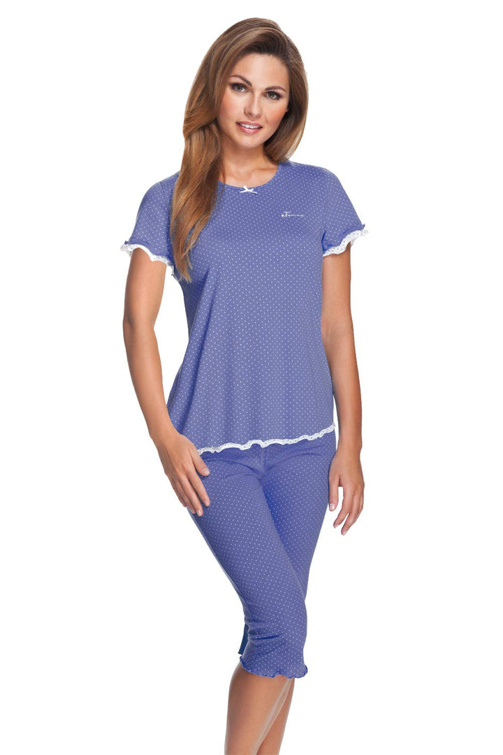 e.FEMME Damen Schlafanzug Marion 310, Kurzarm, aus 50% Baumwolle und 50% Modal 38 Jeans/ Ecru Gepunk