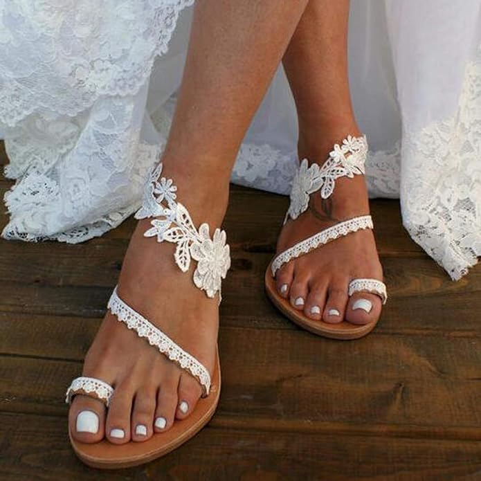 Flache Sommersandalen für Damen, Bohemian, offener Zehenbereich,Spitze, Flip Flop, niedriger Absatz,
