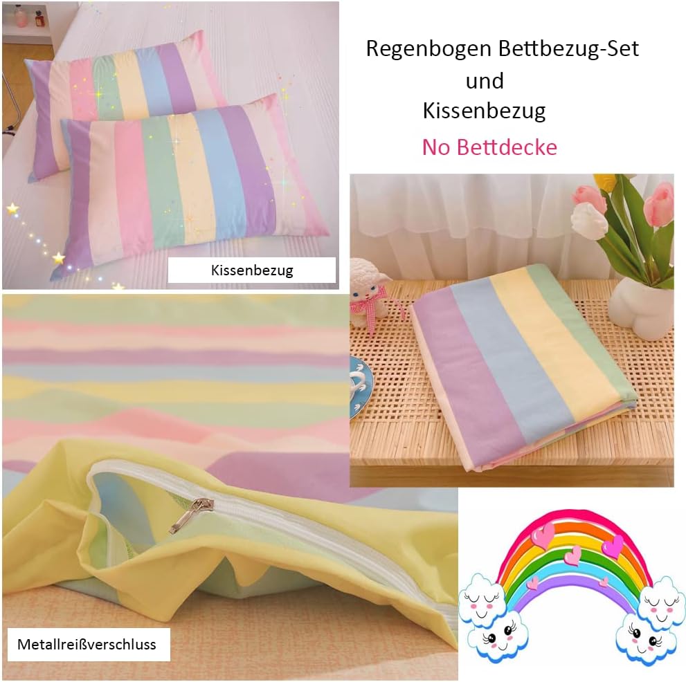 Koudi Bunt Mädchen Bettwäsche 100x135 Kinderbettwäsche Mehrfarbig Regenbogen Streifen Muster Bettbez