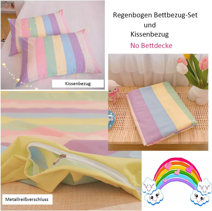 Koudi Bunt Mädchen Bettwäsche 100x135 Kinderbettwäsche Mehrfarbig Regenbogen Streifen Muster Bettbez