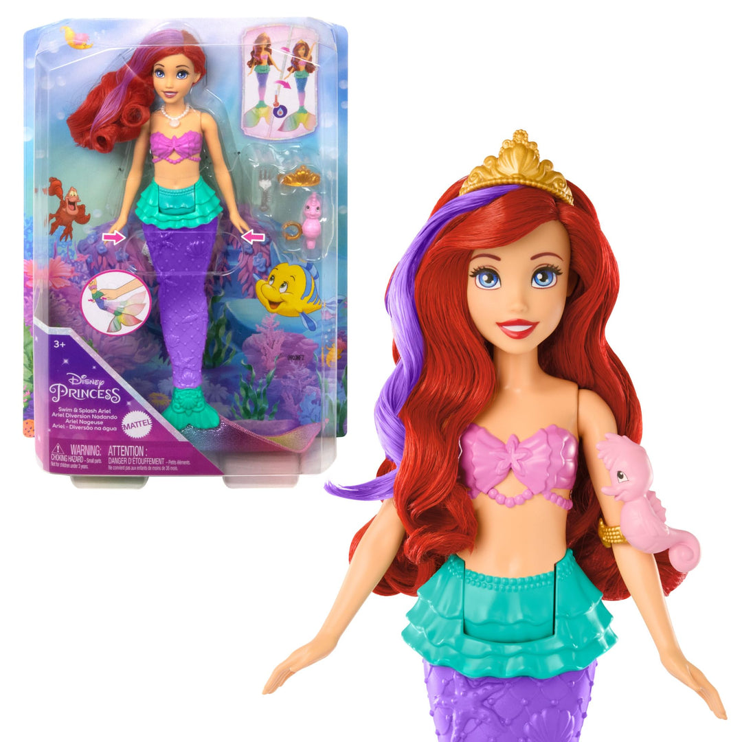 DISNEY Arielle - Meerjungfrauenpuppe mit Farbwechseleffekt, inklusive Seepferdchen-Freund, Diadem, H