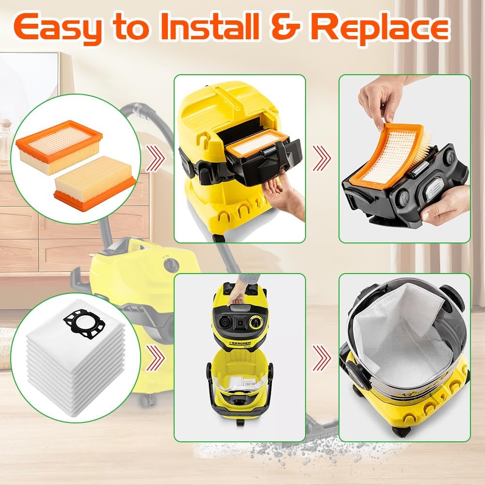 Ruucy 10 Staubsaugerbeutel für Kärcher WD5 WD4 WD6 MV4 MV5 MV6, Schmutzfangsack und Flachfaltenfilte