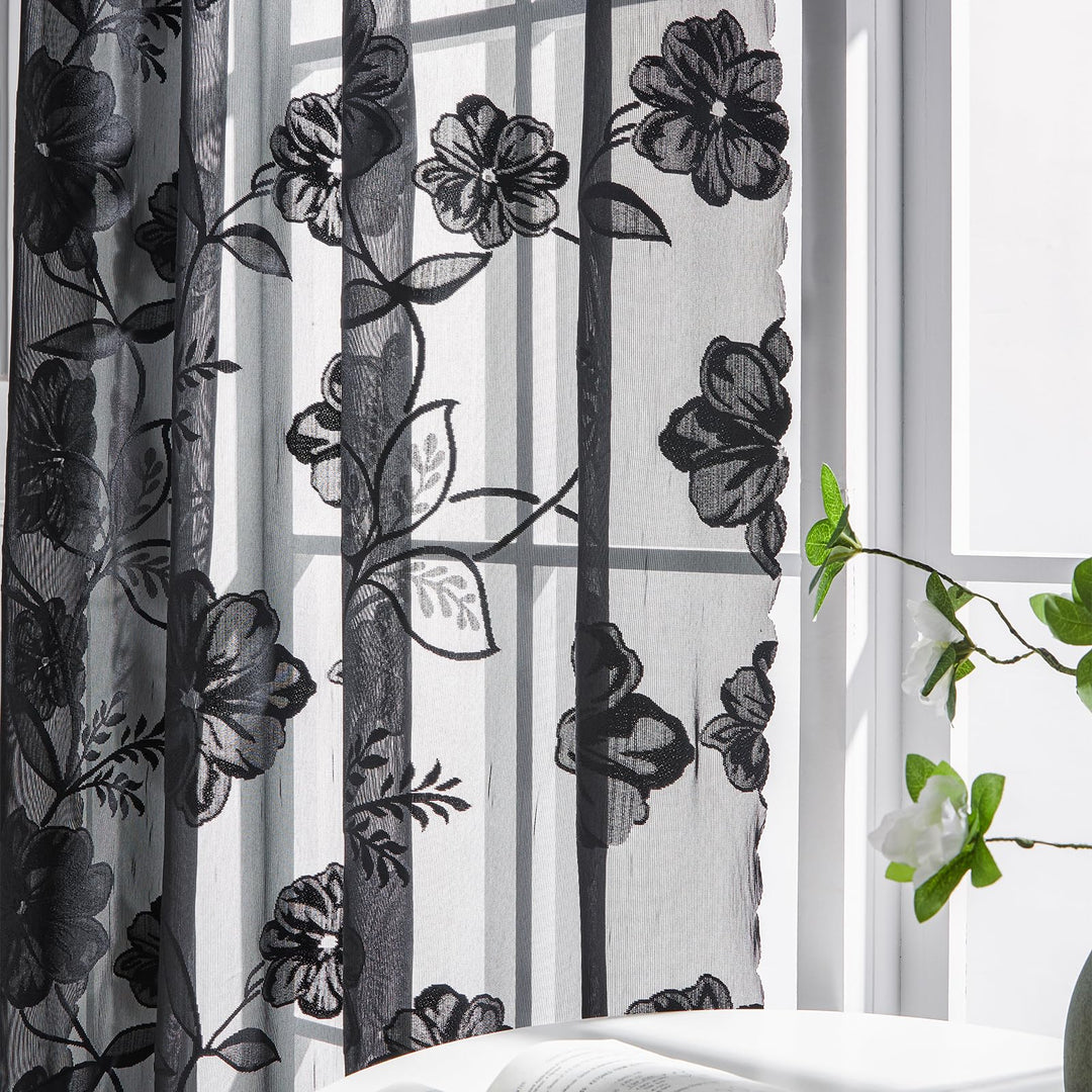 Treatmentex Spitze Vorhang Jacquard Gardinen mit Ösen Schwarze 3D Blumenmuster Halbtransparente Vorh