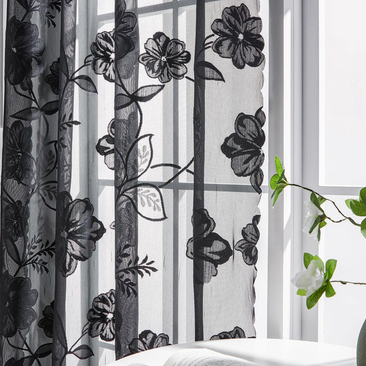 Treatmentex Spitze Vorhang Jacquard Gardinen mit Ösen Schwarze 3D Blumenmuster Halbtransparente Vorh