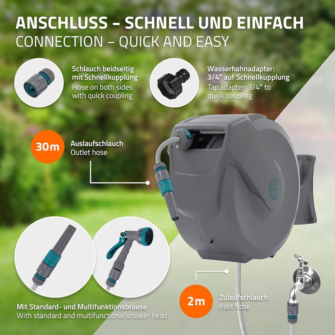 ECD Germany Schlauchaufroller 30m+2m, Schlauchtrommel, Wand-Schlauchbox RollUp mit Arretierstop und