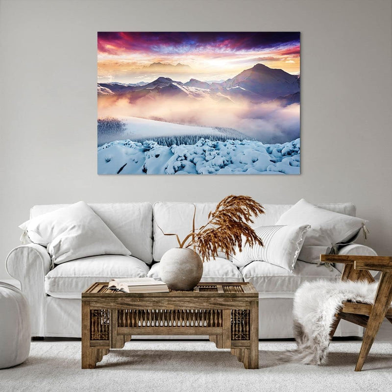 Bilder auf Leinwand 100x70cm Leinwandbild mit Rahmen Berge Schnee Winter Gross Wanddeko Bild Schlafz