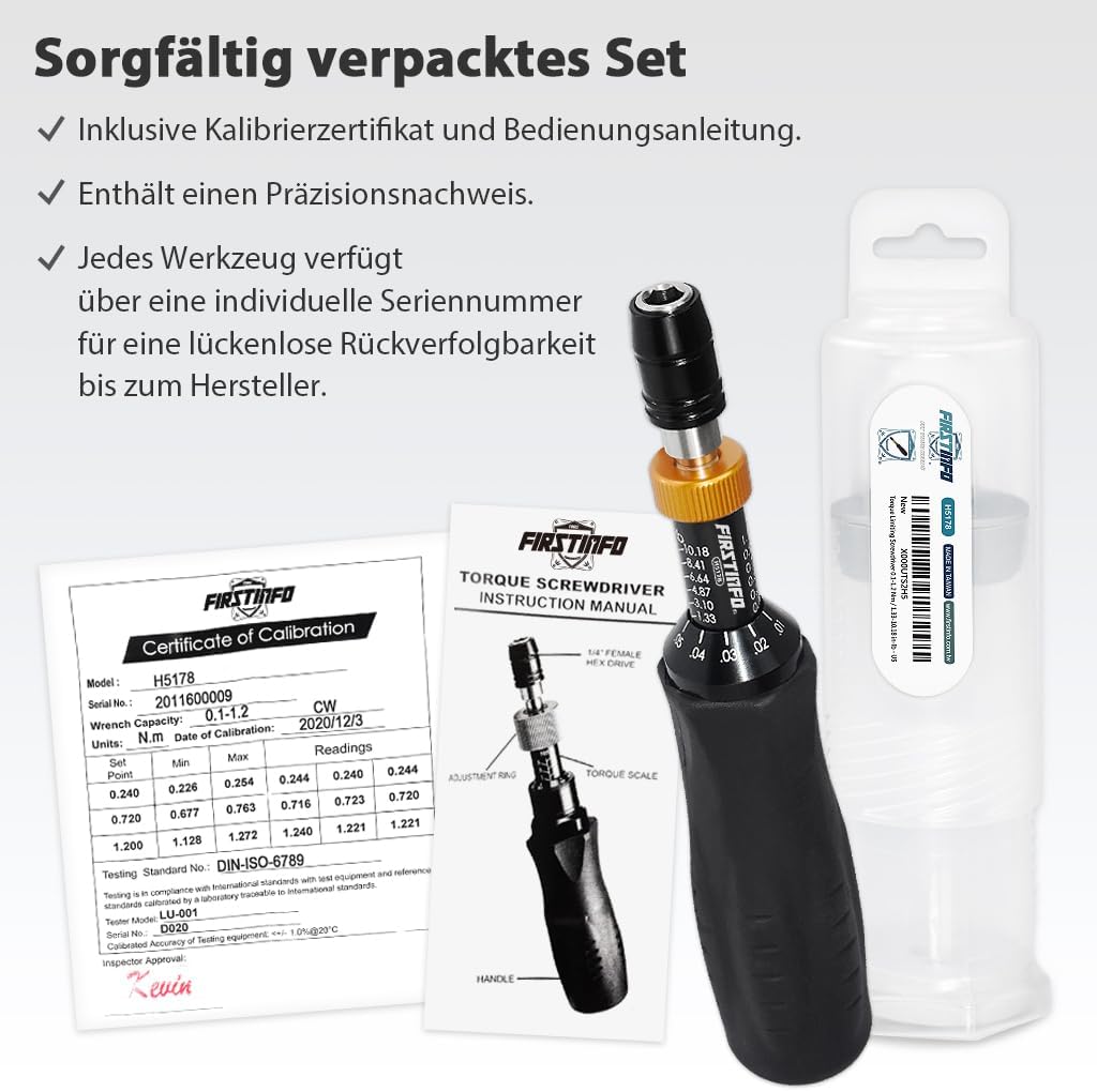 FIRSTINFO H5178 | 1/4 Zoll | 0.1-1.2 Nm, 1.33-10.18 in-lbs | Drehmomentschraubendreher | mit Rapidap