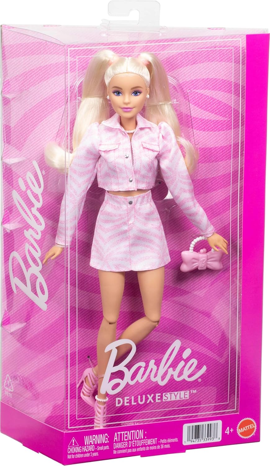 Barbie Deluxe Style-Puppe Nr. 9 in rosa Denim-Outfit, Blonde Haare, Jacke und Rock passend im Set, m