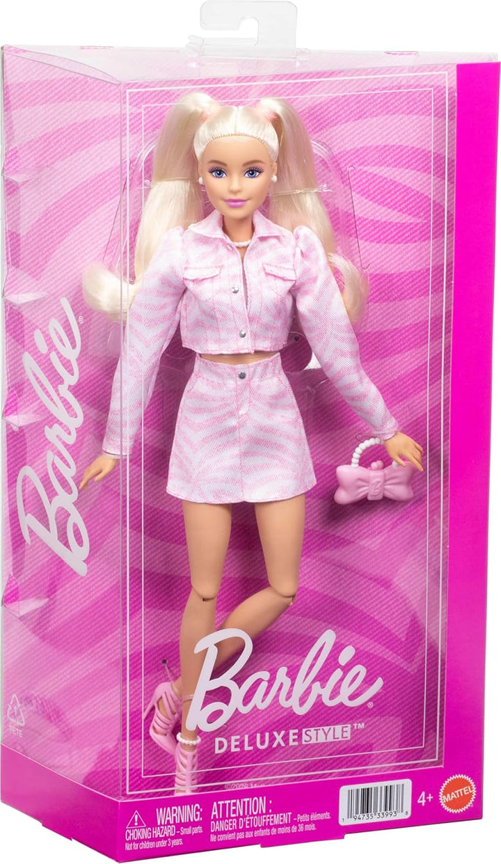 Barbie Deluxe Style-Puppe Nr. 9 in rosa Denim-Outfit, Blonde Haare, Jacke und Rock passend im Set, m