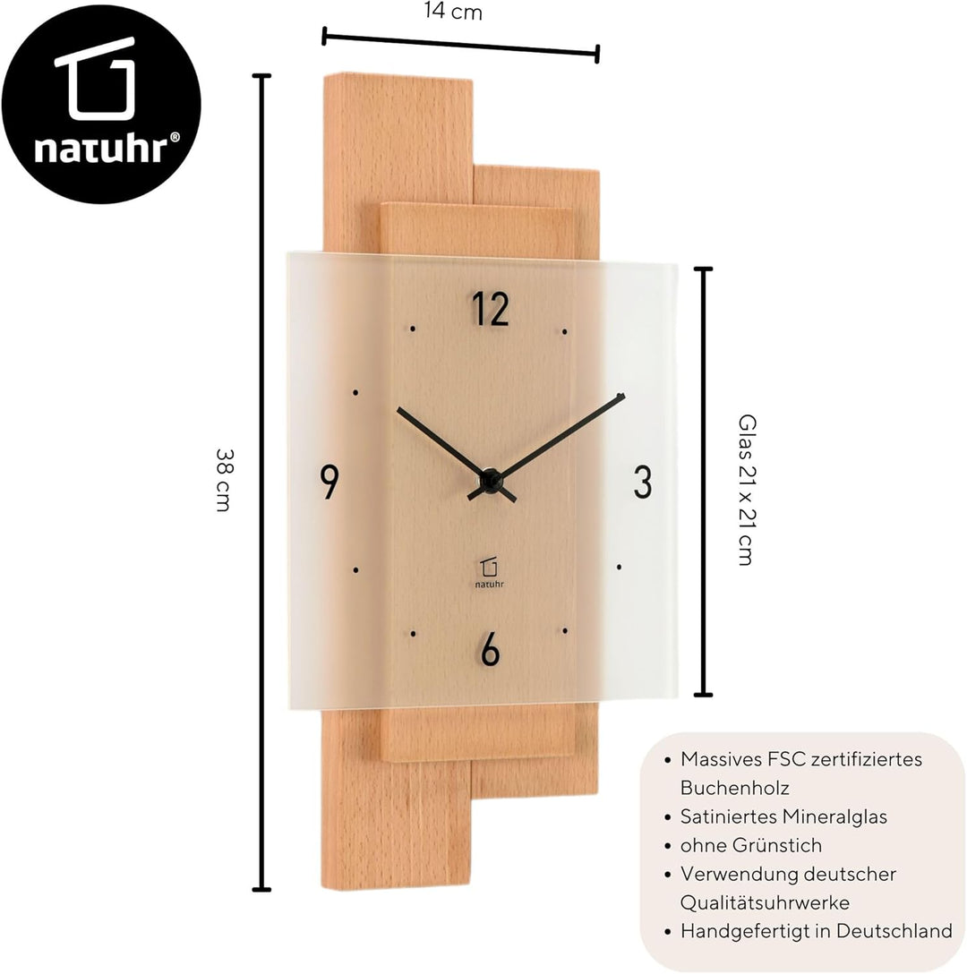 Natuhr Wanduhr Holz Buchwald geräuscharm Massivholz Buche (Buche geölt, Quarz Uhrwerk geräuscharm) B