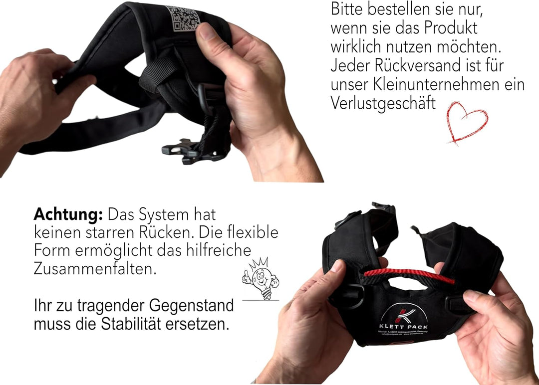 KLETTPACK® Rücken Tragegurt für Pakete, Hobby, Snowboard, Beruf &amp; Urlaub, kein unhandliches Schleppe