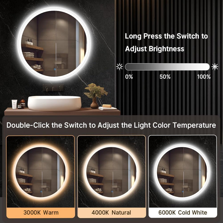 70cm Round led Bathroom Mirror with Lights 3D Backlit Mirror 3 Color Temperatures Anti-Fog Adjustabl