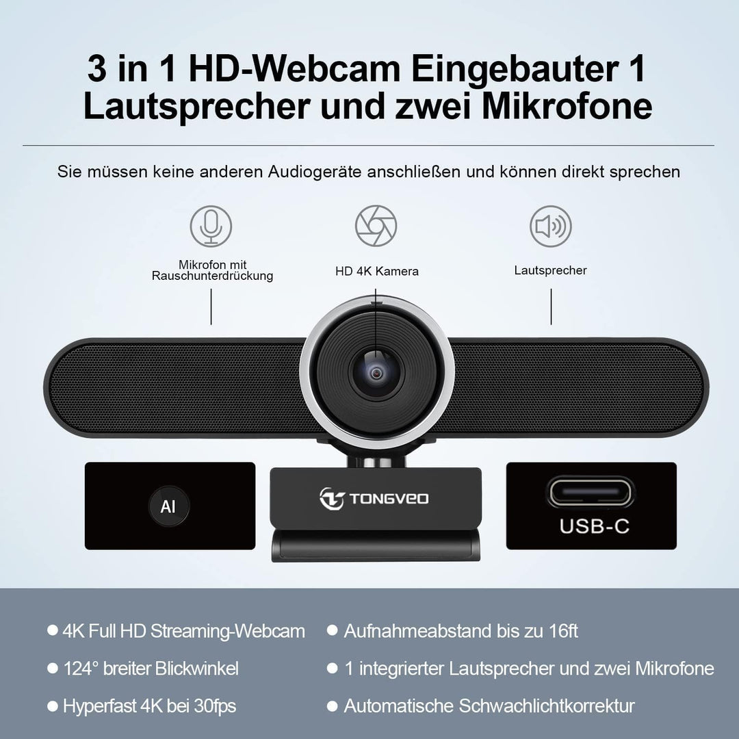TONGVEO 4K All-in-One Konferenzkamera für Konferenzraum, USB Webkamera mit Dual-Mikrofonen und Lauts