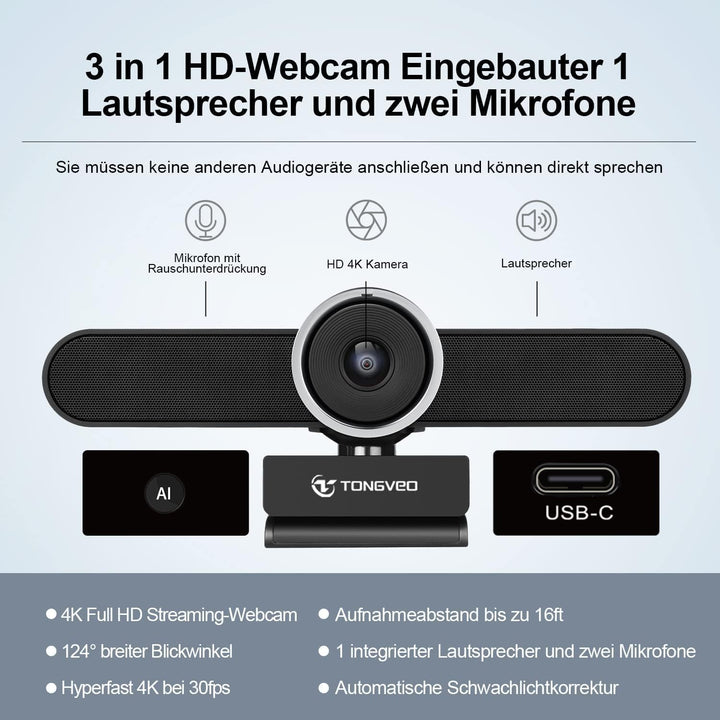 TONGVEO 4K All-in-One Konferenzkamera für Konferenzraum, USB Webkamera mit Dual-Mikrofonen und Lauts