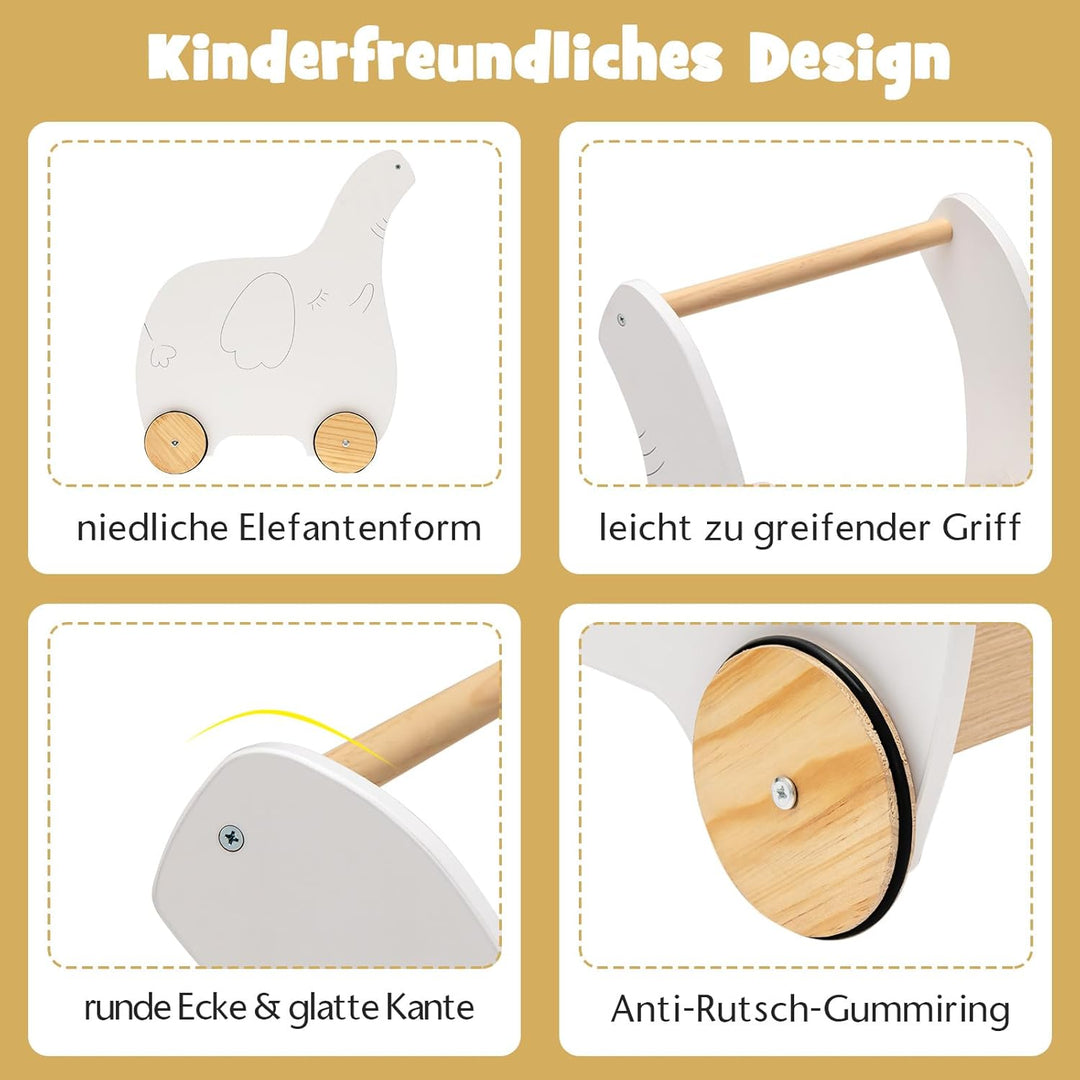GOPLUS Kinder Lauflernwagen mit Spielzeugkiste, Baby Elefant Lauflernhilfe aus Holz mit rutschfesten