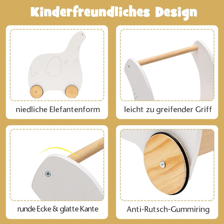 GOPLUS Kinder Lauflernwagen mit Spielzeugkiste, Baby Elefant Lauflernhilfe aus Holz mit rutschfesten