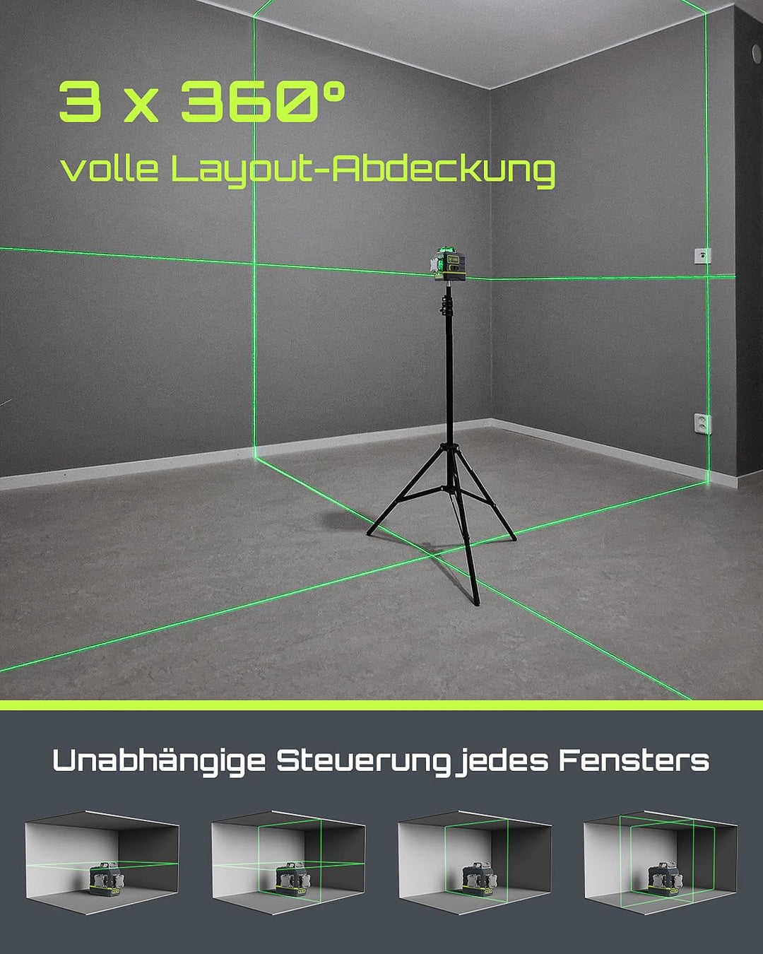 LasGoo Kreuzlinienlaser Selbstnivellierendes 360°x3 grün für Bau und Aufhängen von Bildern, Fernbedi