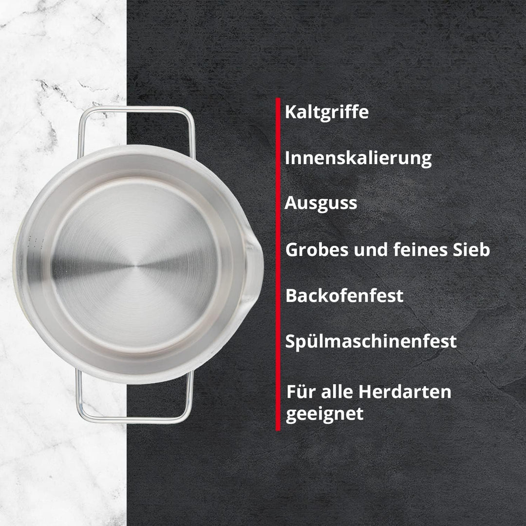 MEISTERKOCH Topf aus gebürstetem Edelstahl 16 cm Ø | mit Ausguss, Innenskalierung und isolierenden K