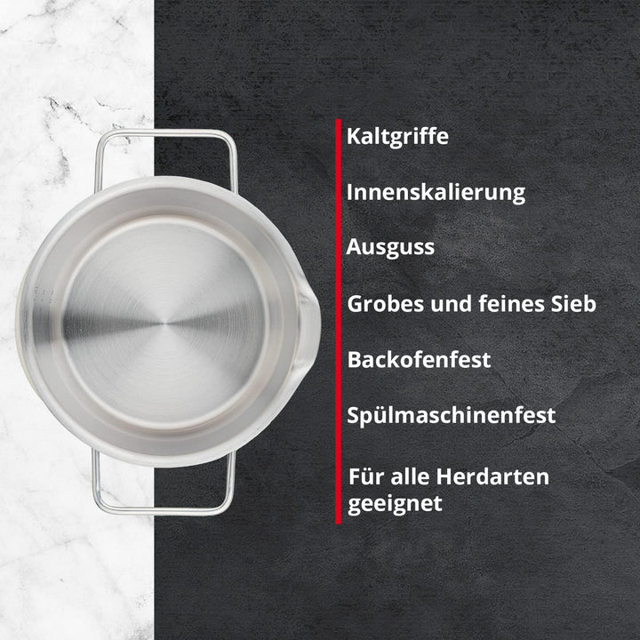 MEISTERKOCH Topf aus gebürstetem Edelstahl 16 cm Ø | mit Ausguss, Innenskalierung und isolierenden K