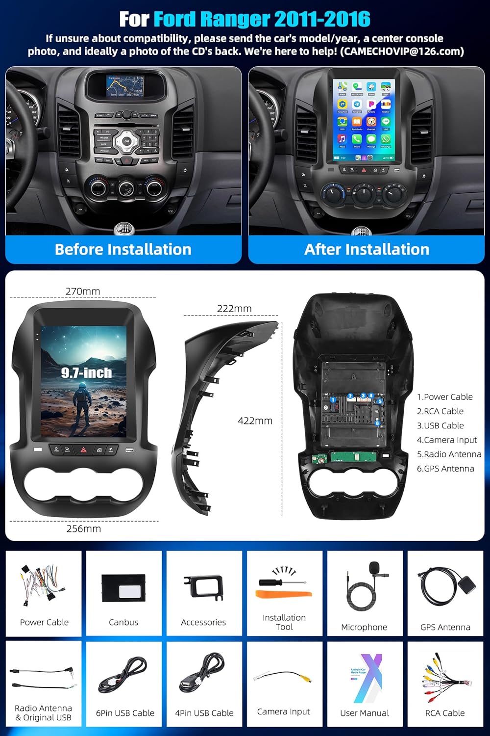 CAMECHO 2G+64G Android 15 Autoradio für Ford Ranger PX 2011-2015, mit Carplay Wireless Android Auto,