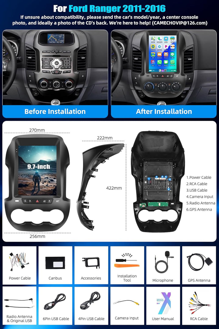 CAMECHO 2G+64G Android 15 Autoradio für Ford Ranger PX 2011-2015, mit Carplay Wireless Android Auto,